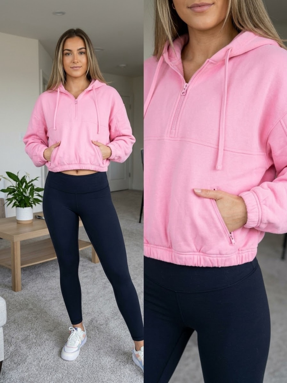 Alo Yoga Woman Pink Cropped Hoodie Two Zippers Kanga Pocket Elastic Waist/Cuff